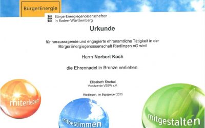 Ehrung ehrenamtliche Tätigkeit bei der Bürgerenergiegenossenschaft Riedlingen eG